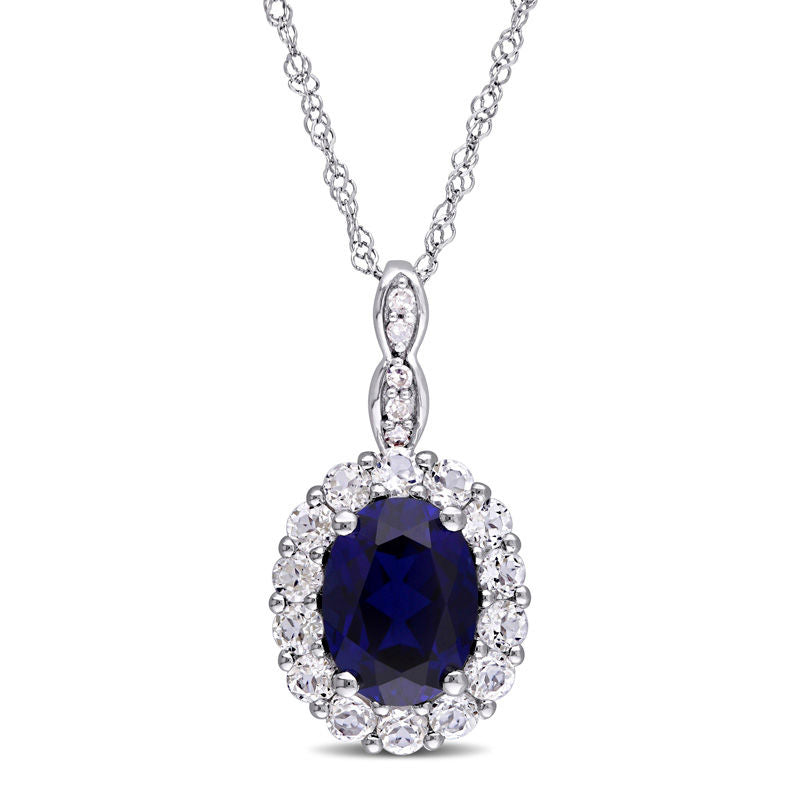 Oval Lab-Created Blue Sapphire, White Topaz and Diamond Accent Frame Pendant in 14K White Gold û 17