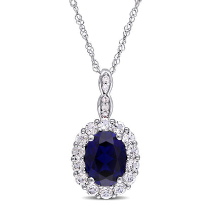 Oval Lab-Created Blue Sapphire, White Topaz and Diamond Accent Frame Pendant in 14K White Gold û 17