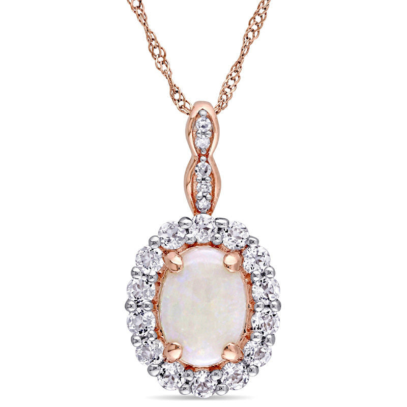 Oval Opal, White Topaz and Natural Diamond Accent Frame Pendant in 14K Rose Gold û 17