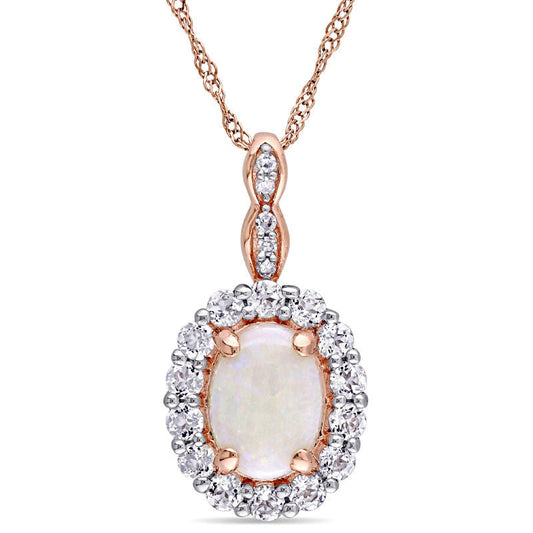 Oval Opal, White Topaz and Natural Diamond Accent Frame Pendant in 14K Rose Gold û 17