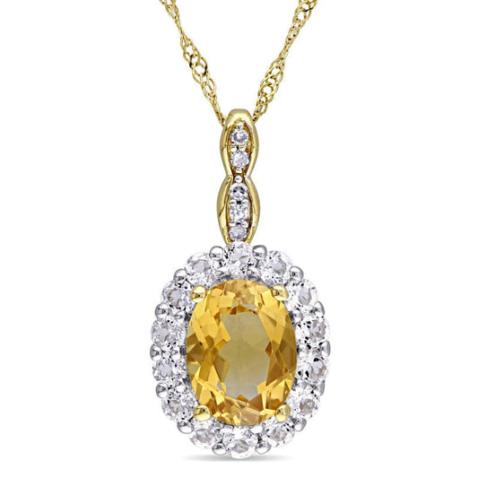 Oval Citrine, White Topaz and Natural Diamond Accent Frame Pendant in 14K Gold û 17