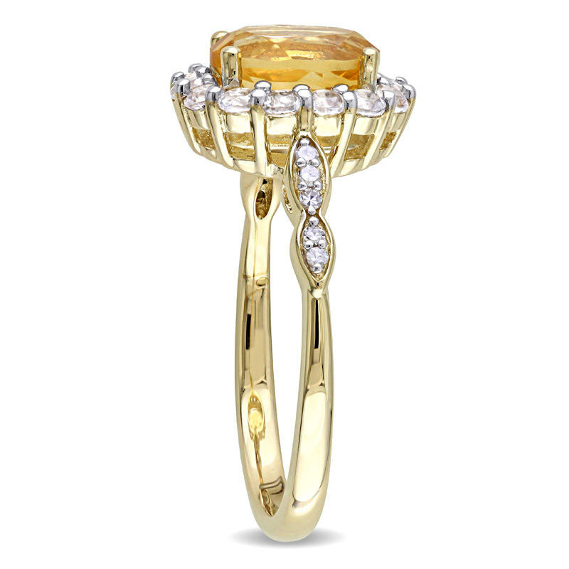 Oval Citrine, White Topaz and Natural Diamond Accent Frame Ring in Solid 14K Gold