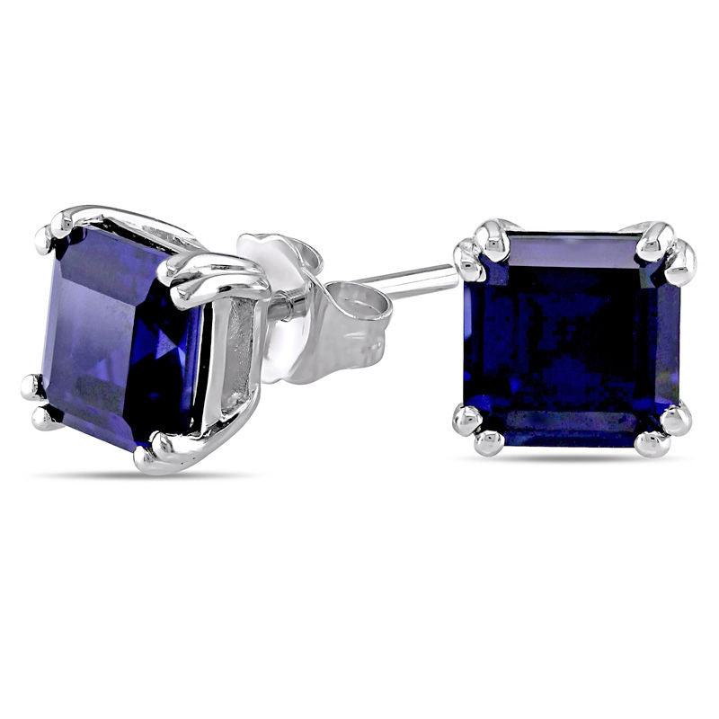 6.0mm Emerald-Cut Lab-Created Blue Sapphire Stud Earrings in 10K White Gold