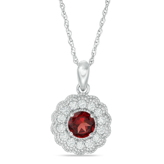 6.0mm Garnet and Lab-Created White Sapphire Flower Pendant in Sterling Silver