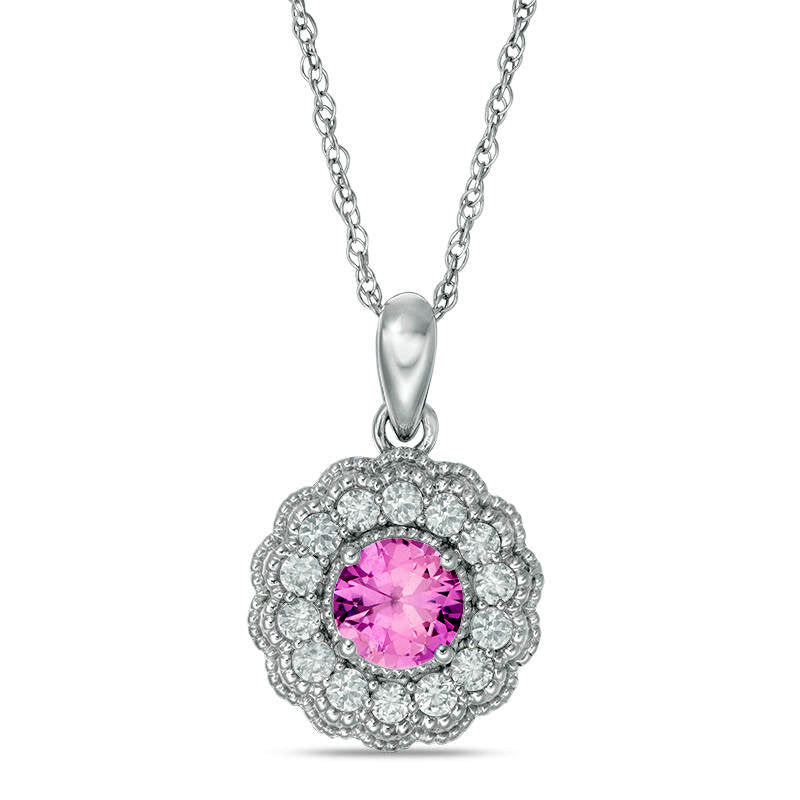 6.0mm Lab-Created Pink and White Sapphire Flower Pendant in Sterling Silver