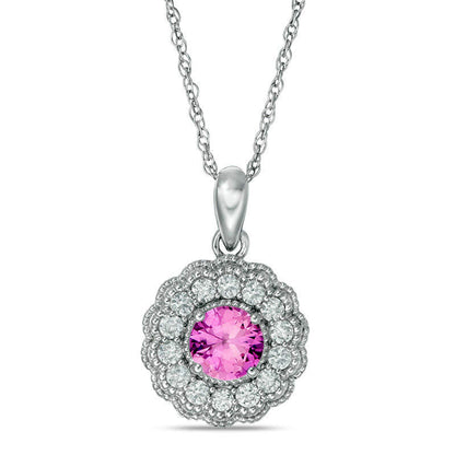 6.0mm Lab-Created Pink and White Sapphire Flower Pendant in Sterling Silver