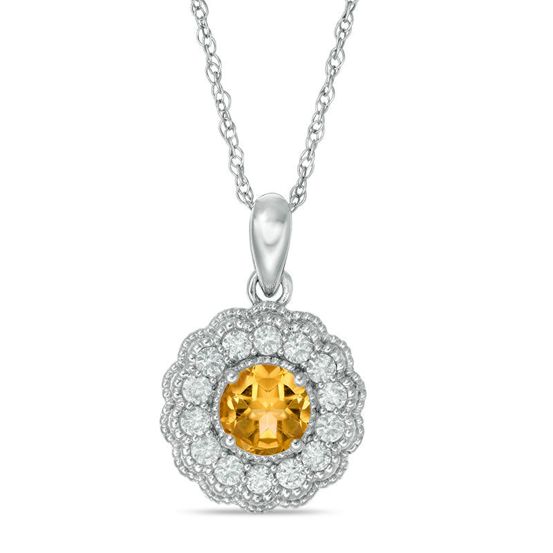6.0mm Citrine and Lab-Created White Sapphire Flower Pendant in Sterling Silver