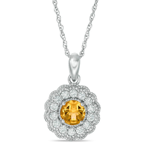 6.0mm Citrine and Lab-Created White Sapphire Flower Pendant in Sterling Silver