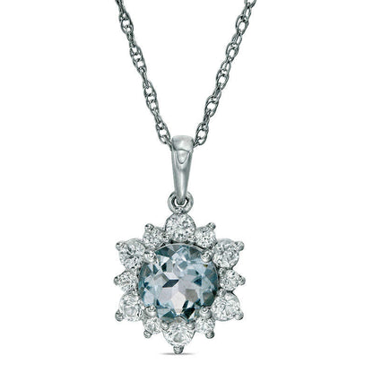 7.0mm Aquamarine and Lab-Created White Sapphire Sunburst Pendant in Sterling Silver