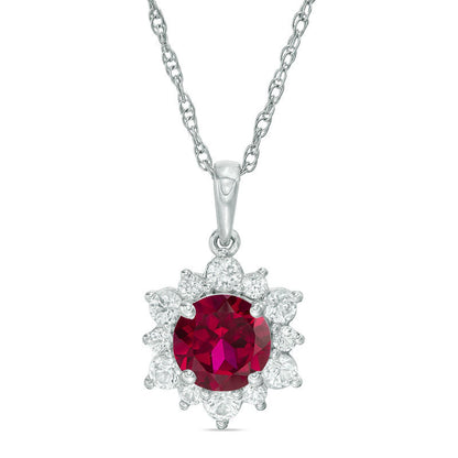 7.0mm Lab-Created Ruby and White Sapphire Sunburst Pendant in Sterling Silver