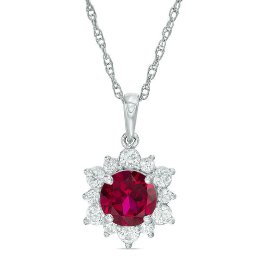 7.0mm Lab-Created Ruby and White Sapphire Sunburst Pendant in Sterling Silver