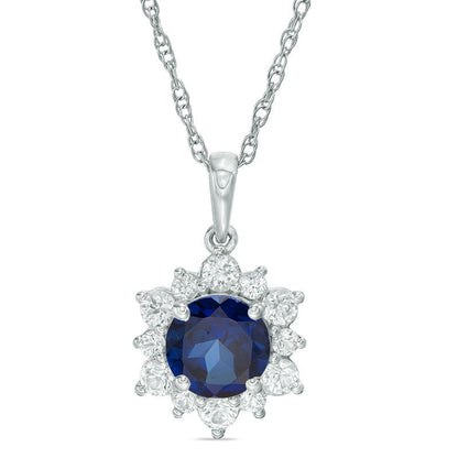 7.0mm Lab-Created Blue and White Sapphire Sunburst Pendant in Sterling Silver