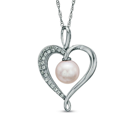 7.5 - 8.0mm Cultured Freshwater Pearl and Lab-Created White Sapphire Heart Pendant in Sterling Silver