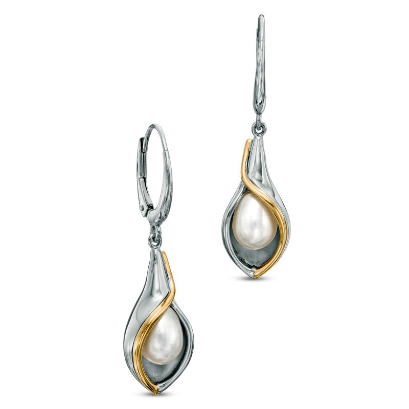6.0 - 7.0mm Cultured Freshwater Pearl Calla Lily Earrings in Sterling Silver and 14K Gold Plate