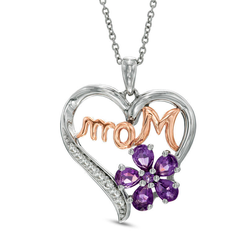 Pear-Shaped Amethyst and Lab-Created White Sapphire MOM" Heart Pendant in Sterling Silver and 14K Rose Gold Plate"