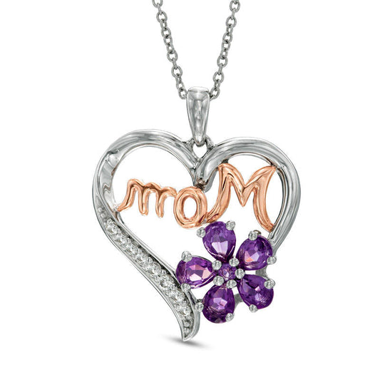 Pear-Shaped Amethyst and Lab-Created White Sapphire MOM" Heart Pendant in Sterling Silver and 14K Rose Gold Plate"