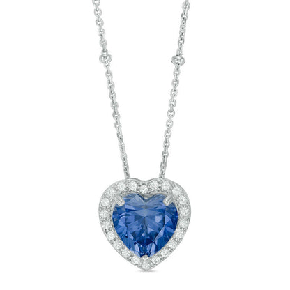9.0mm Heart-Shaped Lab-Created Blue and White Sapphire Frame Pendant in Sterling Silver