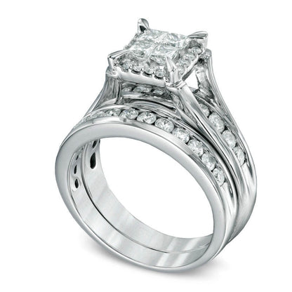 1.5 CT. T.W. Quad Princess-Cut Natural Diamond Bridal Engagement Ring Set in Solid 14K White Gold