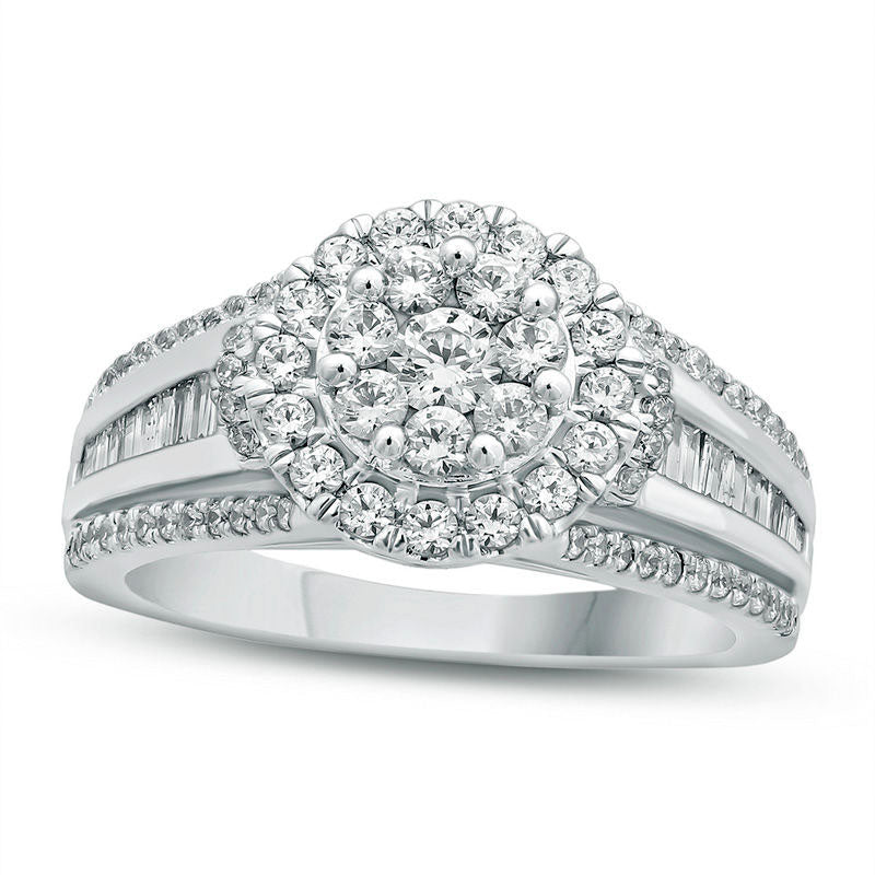 1.0 CT. T.W. Natural Diamond Double Frame Multi-Row Shank Engagement Ring in Solid 14K White Gold