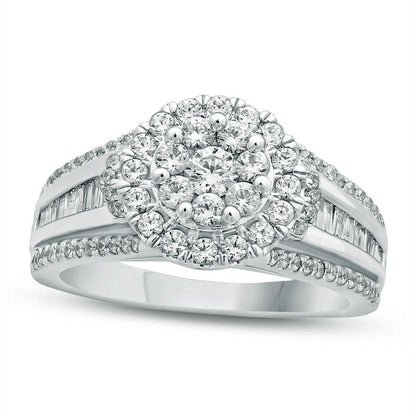 1.0 CT. T.W. Natural Diamond Double Frame Multi-Row Shank Engagement Ring in Solid 14K White Gold
