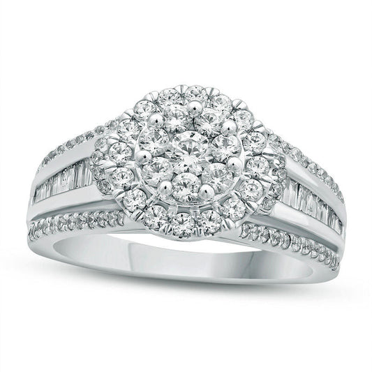 1.0 CT. T.W. Natural Diamond Double Frame Multi-Row Shank Engagement Ring in Solid 14K White Gold