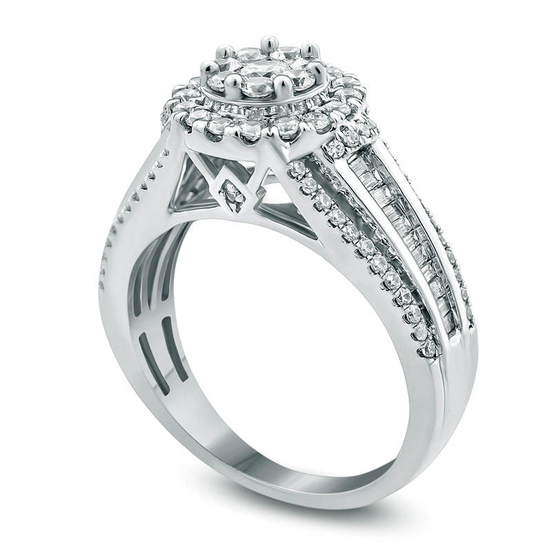 1.0 CT. T.W. Natural Diamond Double Frame Multi-Row Shank Engagement Ring in Solid 14K White Gold