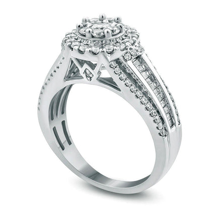 1.0 CT. T.W. Natural Diamond Double Frame Multi-Row Shank Engagement Ring in Solid 14K White Gold