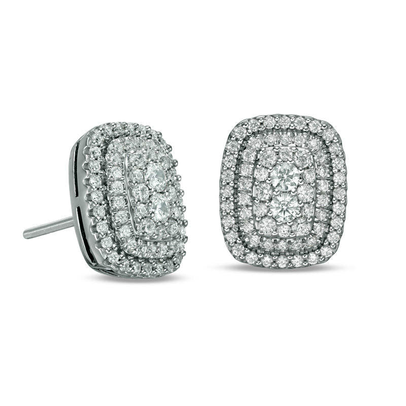 0.75 CT. T.W. Diamond Triple Cushion Frame Stud Earrings in 10K White Gold
