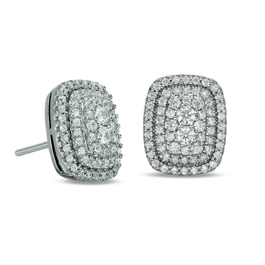 0.75 CT. T.W. Diamond Triple Cushion Frame Stud Earrings in 10K White Gold