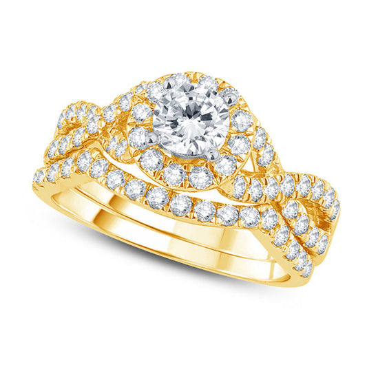 1.38 CT. T.W. Natural Diamond Frame Twist Bridal Engagement Ring Set in Solid 14K Gold