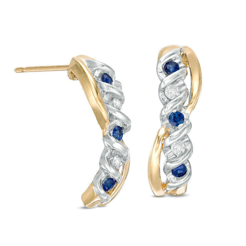 Blue Sapphire and Diamond Accent Overlay J-Hoop Earrings in 10K Two-Tone Gold