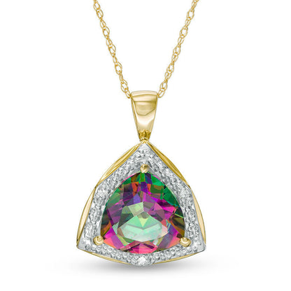 10.0mm Trillion-Cut Mystic Fire« Topaz and Natural Diamond Accent Frame Pendant in 10K Yellow Gold