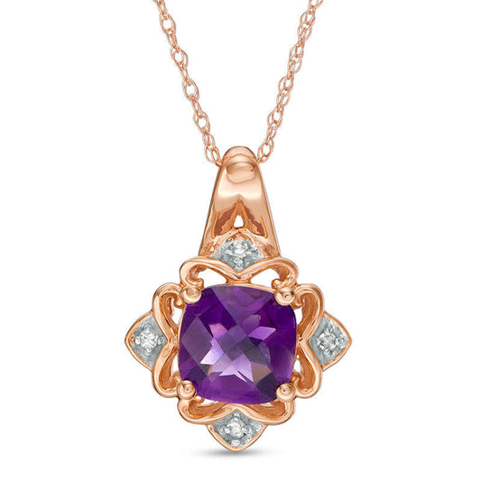 7.0mm Cushion-Cut Amethyst and Natural Diamond Accent Art Deco Pendant in 10K Rose Gold