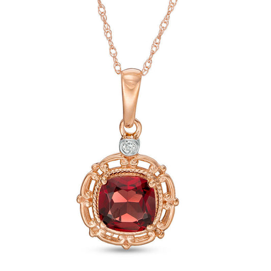 7.0mm Cushion-Cut Garnet and Natural Diamond Accent Pendant in 10K Rose Gold