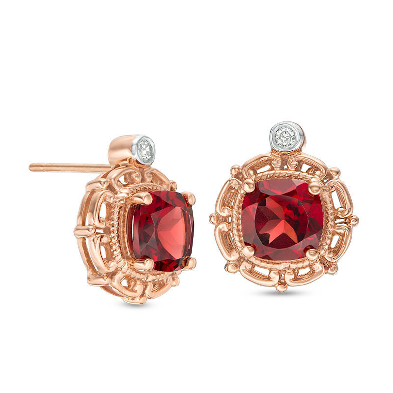 6.0mm Cushion-Cut Garnet and Diamond Accent Stud Earrings in 10K Rose Gold
