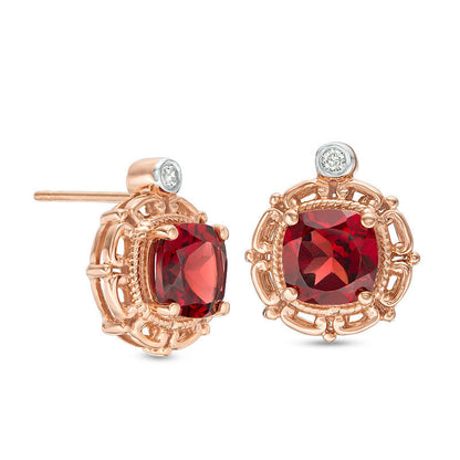 6.0mm Cushion-Cut Garnet and Diamond Accent Stud Earrings in 10K Rose Gold