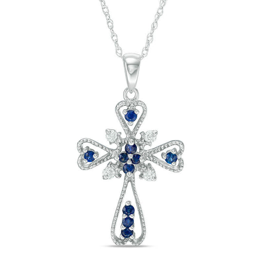 Blue Sapphire and 0.1 CT. T.W. Natural Diamond Gothic-Style Cross Pendant in 10K White Gold
