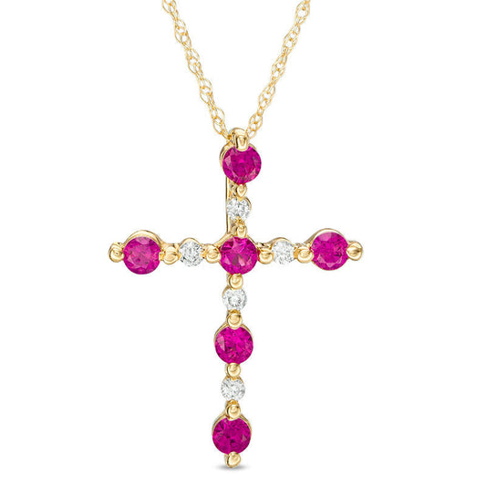 Lab-Created Ruby and Diamond Accent Cross Pendant in 10K Yellow Gold