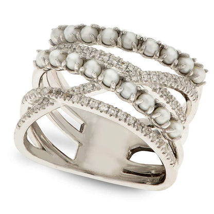 Cultured Freshwater Pearl and White Topaz Crossover Ring in Sterling Silver