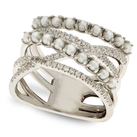 Cultured Freshwater Pearl and White Topaz Crossover Ring in Sterling Silver