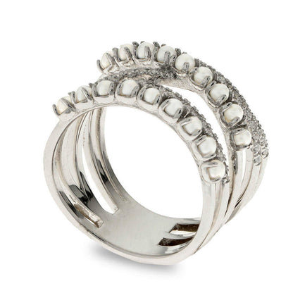 Cultured Freshwater Pearl and White Topaz Crossover Ring in Sterling Silver