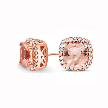 5.0mm Cushion-Cut Morganite and 0.1 CT. T.W. Diamond Frame Stud Earrings in 10K Rose Gold