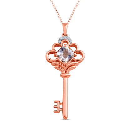 6.0mm Cushion-Cut Morganite and Natural Diamond Accent Key Pendant in 10K Rose Gold