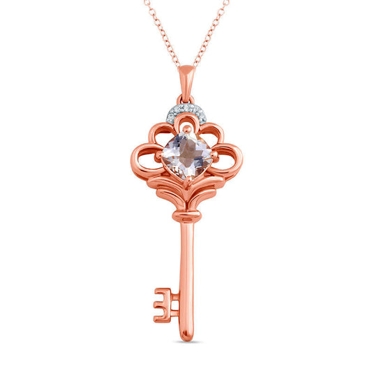 6.0mm Cushion-Cut Morganite and Natural Diamond Accent Key Pendant in 10K Rose Gold