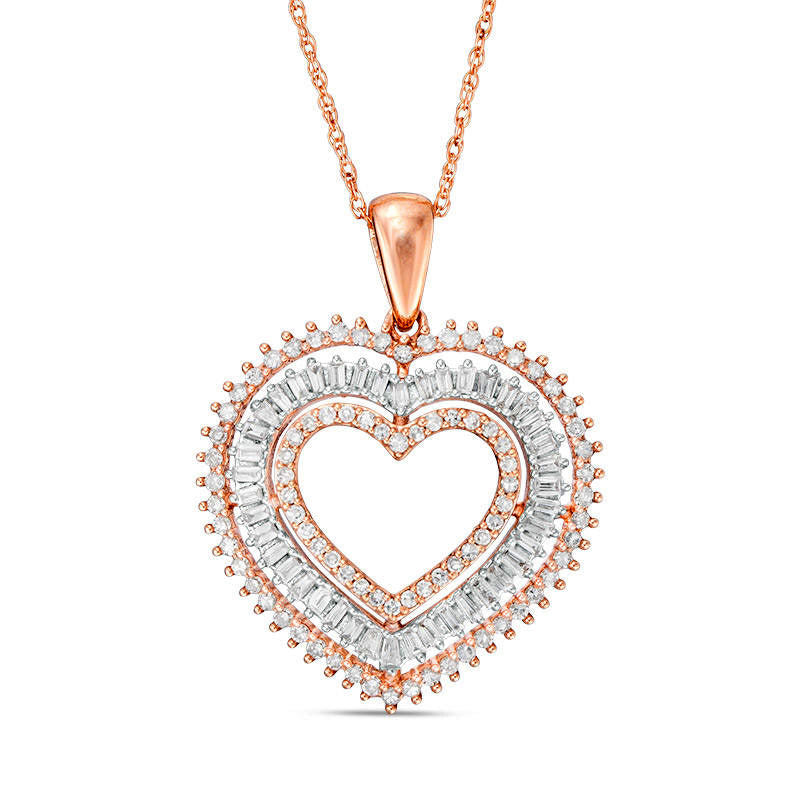 0.5 CT. T.W. Baguette and Round Natural Diamond Triple Heart Pendant in 10K Rose Gold