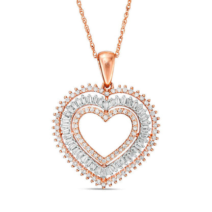 0.5 CT. T.W. Baguette and Round Natural Diamond Triple Heart Pendant in 10K Rose Gold