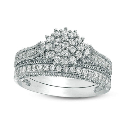 Lab-Created White Sapphire Composite Antique Vintage-Style Bridal Engagement Ring Set in Sterling Silver