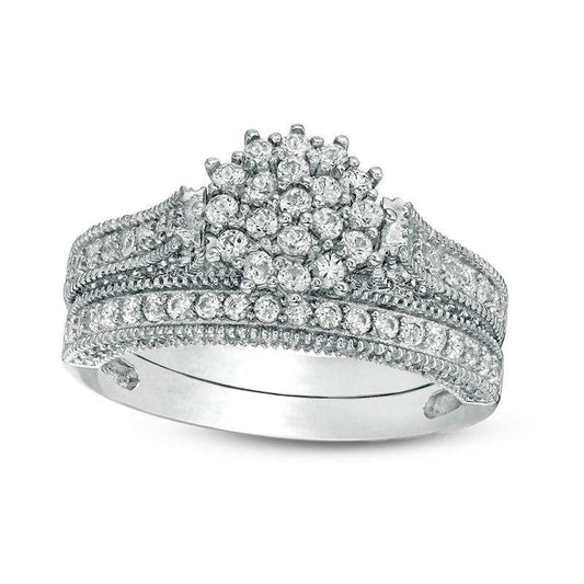 Lab-Created White Sapphire Composite Antique Vintage-Style Bridal Engagement Ring Set in Sterling Silver