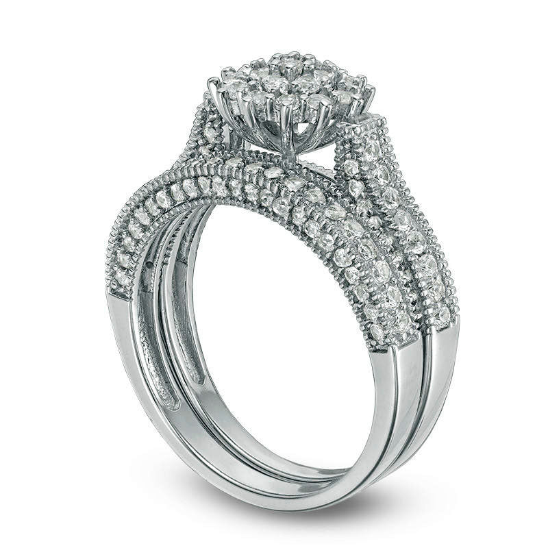 Lab-Created White Sapphire Composite Antique Vintage-Style Bridal Engagement Ring Set in Sterling Silver