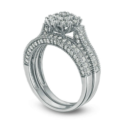Lab-Created White Sapphire Composite Antique Vintage-Style Bridal Engagement Ring Set in Sterling Silver